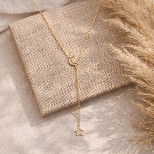 Gold Moon Star Y Necklace Dainty Celestial Lariat Layering Jewelry